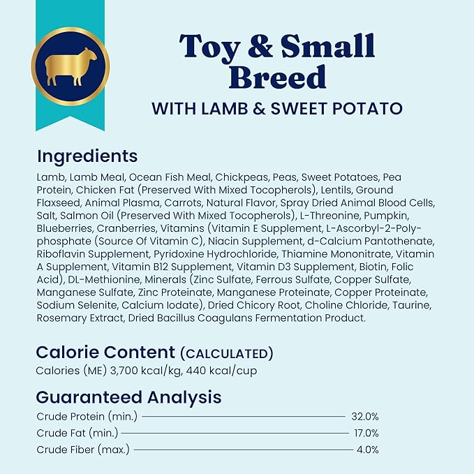 Solid Gold Toy & Small Breed Dry Dog Food Small Bites – Real Lamb, Grain Free, Gluten Free, High Fiber Healthy Kibble w/Probiotics for Gut Health & Digestion Support– All Ages NutrientBoost –3.75LB