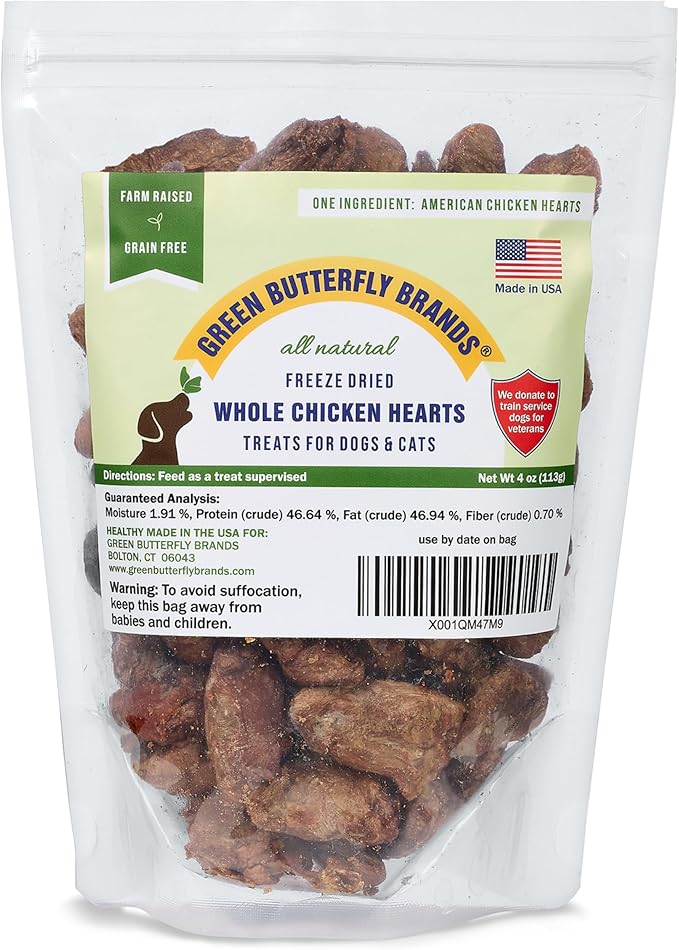 Freeze Dried Chicken Heart Dog Treats Made In USA. All Natural Freeze-Dried Raw Snacks for Dogs and Cats. One Ingredient. High Protein. Heart Health. Irresistible Training Treat