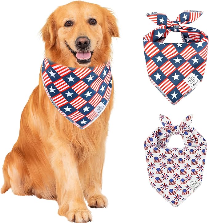 E-Clover 4th of July Dog Bandanas 2 Pack American Flag Pet Patriotic Scarf for Boy and Girl Cute Dog Costumes Accessories for Medium Large Dogs