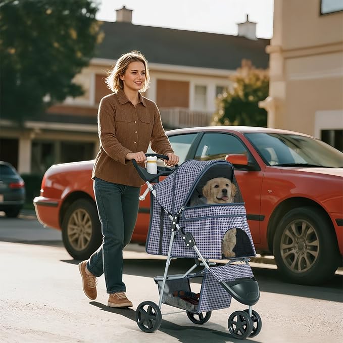 Cat Dog Stroller,3-Wheels Pet Stroller for Medium/Puppy Dogs 30 Lbs, Cat Strollers for 1 Cats, Foldable Dog Stroller with Storage Basket and Cup Holder, Breathable Mesh Plaid