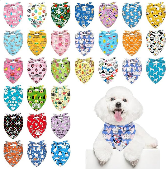 30Pcs Dog Bandanas Bulk Adjustable Washable Triangle Pet Bandanas Cartoon Bone Paw Print for Small Medium Large Dogs Grooming Daily Wear Birthday Party