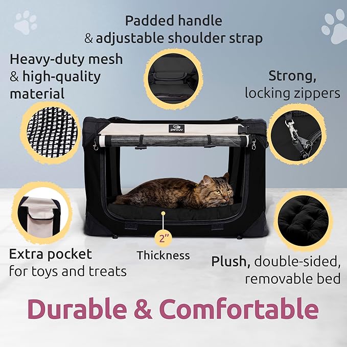 Soft-Sided Cat & Dog Pet Carrier, Large 24"x16"x16", Fits Large Cat, 2 Cats, or Medium Dog Comfortably, Great for Travel & Vet Visits, Privacy Windows, Removable Bed, Locking Zippers, Folds Flat