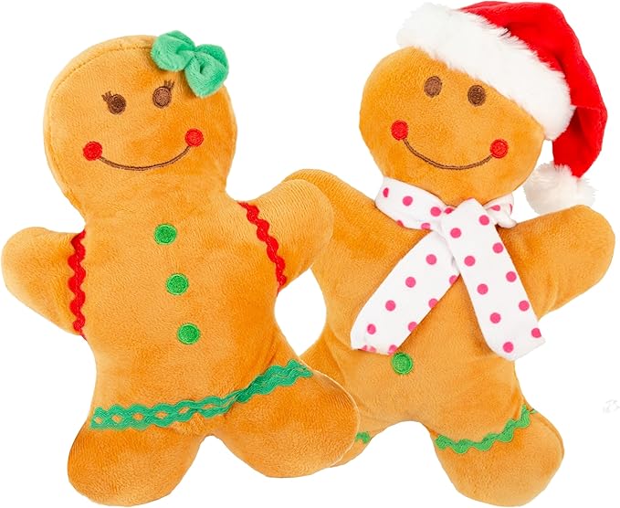 Holiday Plush Pet Toy Fun for Christmas Designs with Squeaker Dog Chew Toy (9" Gingerbread 2 Pcs)