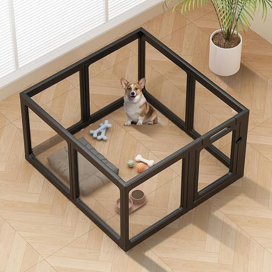 Clear Acrylic Dog Playpen Indoor, Puppy Cat Small Pet Play Pen, Pet Cat Foldable Playpen for Rabbits, Dog Fence Crate Kennel Whelping Cage (Black, 8 Panel)
