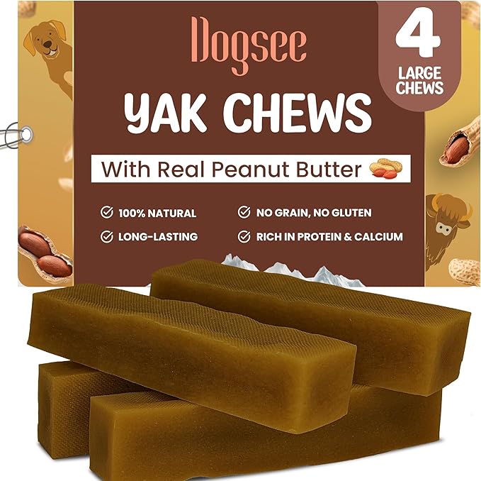 Dogsee Himalayan Yak Chew with Peanut Butter 1lb (Large - 4 Chews) | Support Muscle Growth in Dogs | Fights Plaque & Tartar | Dog Treats Healthy | Dog Chews for Teeth Cleaning