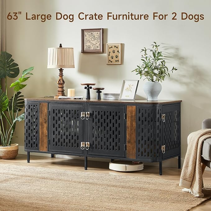 ONBRILL 63" Double Dog Crate Furniture for 2 Dogs, Heavy Duty Dog Crates with Divider for High Anxiety Dog, Escape Proof Pet Cage, Dog Kennel Furniture Indoor as TV Stand for Medium Large Dogs,Brown