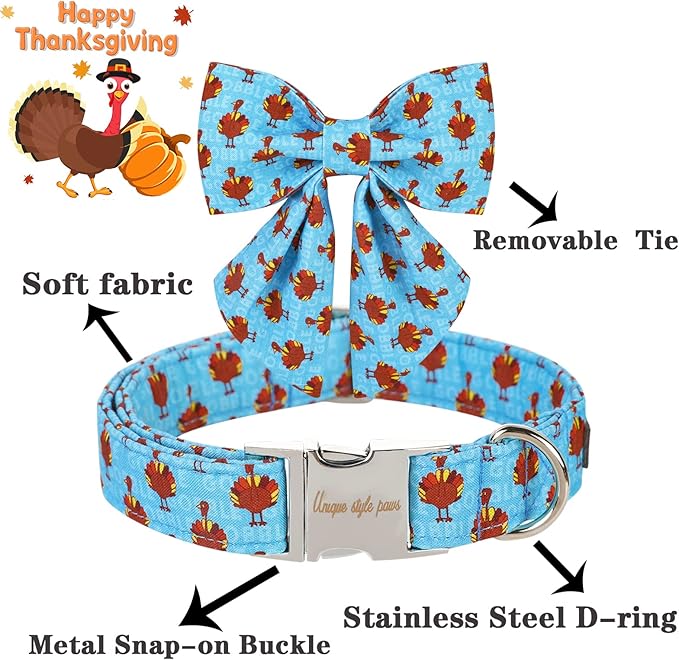 Unique style paws Thanksgiving Dog Collar with Bow Tie Blue Turkey Puppy Collar for Small Medium Large Dogs as Autumn Winter Pet Gifts-S