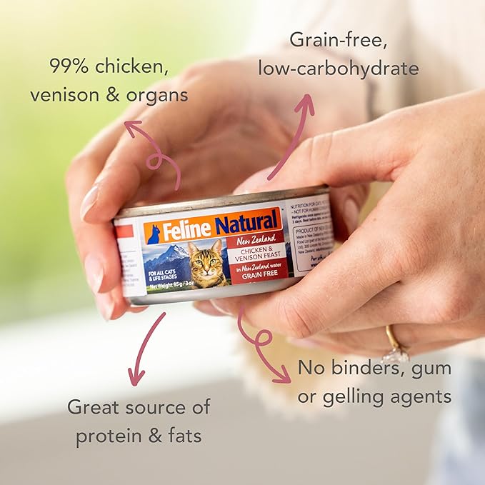 Feline Natural New Zealand Canned Catfood Wet Food, High-Meat, Low-Carb, & Grain Free Cat Food Wet, Chicken & Venison Feast, 3 oz, Pack of 24