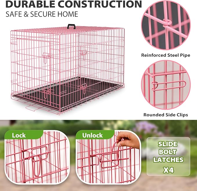 BestPet | Dog Crate | 42" | Pink | Foldable Metal Kennel with Double Doors, Secure Slide-Bolt Latches, Leakproof Tray | Portable Dog Cage for Large Breeds | for Travel, Indoor & Outdoor Use
