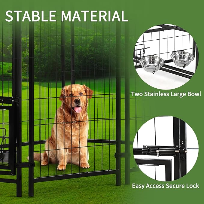 Dog Kennel Outside with Roof, 8'x4'x6' Outdoor Dog Kennels for Large Dogs, Heavty Duty Welded Dog Crate Playpen with UV-Resistant Waterproof Cover & Bowls