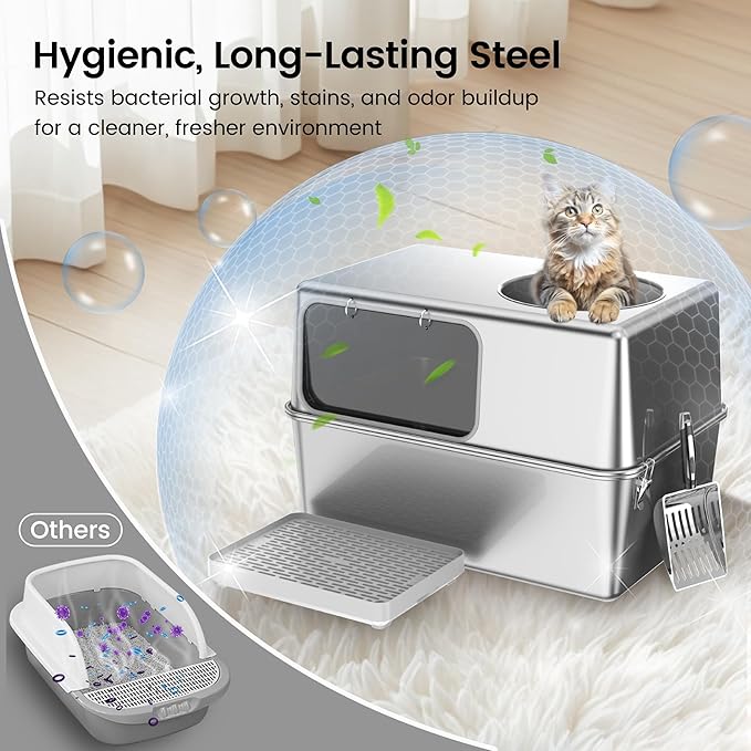Stainless Steel Litter Box with Lid, Enclosed Metal with High Sides, Large Cat Litter Box, Dog-Proof, Odor Control, Easy to Clean,Durable with Round Edge (Offset Opening)