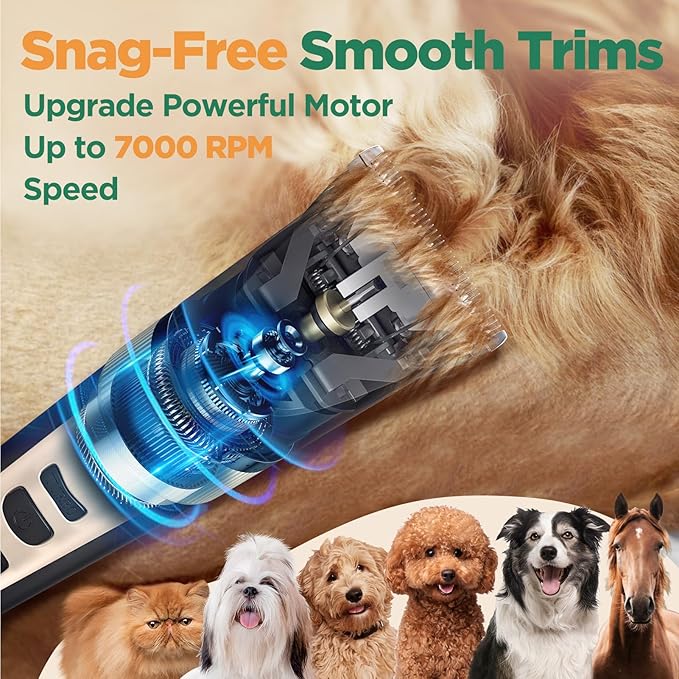 Gimars Cordless 4 Speed 7000rpm Dog Clippers with 6 in 1 4CR Stainless Steel Dog Grooming Scissors Kits, Low Noise 55db Rechargeable Pet Hair Thick Coat Trimmer Cat Shaver Clippers Kit for Cat Pet