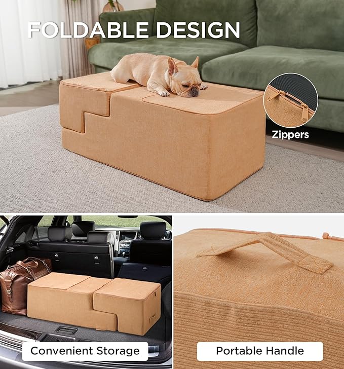 Made4Pets Dog Stairs for High Bed, Extra Wide Pet Stairs for Bed Couch Sofa, 35D Foam Pet Steps for Small Dogs and Cats(Up to 40lbs), Non-Slip Bottom Dog Steps, Tan, 5 Steps