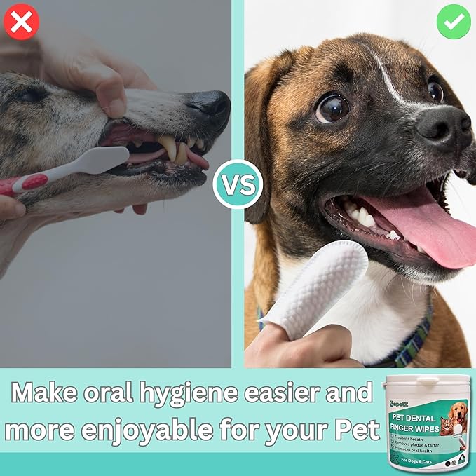 Pet Dental Finger Wipes for Dogs & Cats – Dog Tooth Wipes & Toothbrush Alternative – Easy Teeth Cleaning to Reduce Plaque, Tartar & Bad Breath – Vet-Approved Cat & Dog Oral Care (50 Count)