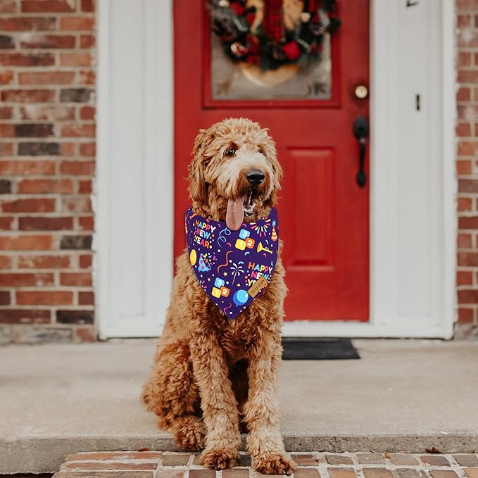 Happy New Year Dog Bandanas - 2 Pack Reversible Holiday Dog Scarf for Boy and Girl, Premium Durable Fabric, Bandana for Medium and Large Dogs (Large)