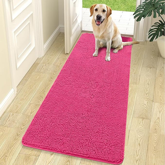 OLANLY Dog Door Mat for Muddy Paws 70x24, Absorbs Moisture and Dirt, Absorbent Non-Slip Washable Doormat, Quick Dry Chenille Mud Mat for Dogs, Entry Indoor Entryway Carpet for Inside Floor, Hot Pink