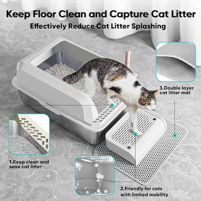 Stainless Steel Cat Litter Box with Lid, XL Large Litter Box for Big Cats, Enclosed Kitty Litter Pan with High Sides, Anti-Leakage&Non-Stick, Easy to Clean, Included Scoop, Aisle and Mat White