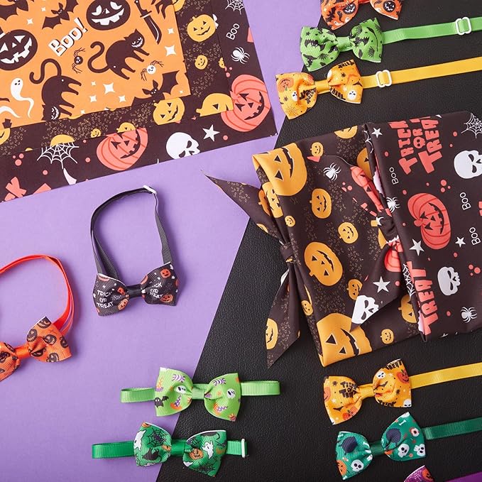 Sanwuta 100 Pcs Halloween Dog Bandanas Bulk and Collar Bow Ties Set 50 Bandanas 50 Charm Dog Collar Pet Ghost Pumpkin Spider Bones Triangle Pet Scarf Bowtie for Small Medium Large Costume