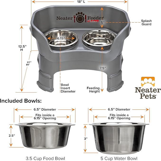 Neater Feeder Deluxe Mess Proof Dog Bowls Elevated Medium Sized Dogs (19-40 lbs) Made in USA, No Spill Raised Dog Food Bowl Stand w/Leg Extension, Stainless Steel Food and Water Bowl Set, Grey