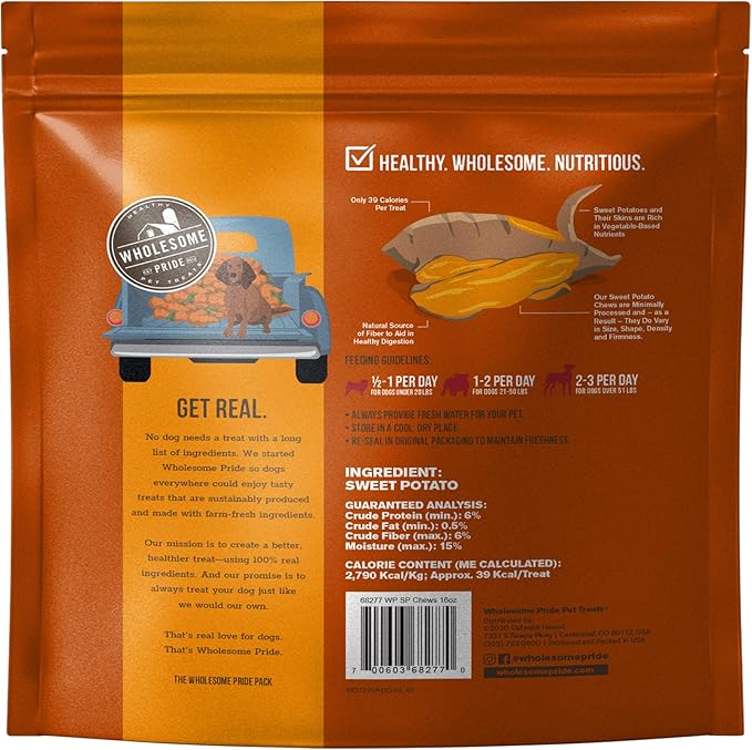 Wholesome Pride Sweet Potato Chews 100% All-Natural Single Ingredient Dog Treats, 16 oz