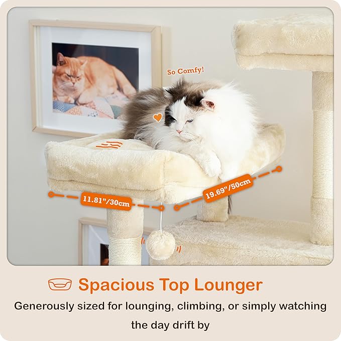 Ouritsu Cat Tree, 73.6 inch Tall Cat Climbing Tower for Large Cat Indoor with 2 Large Condos, 2 Widened Perches, Sisal Covered Scratching Posts, 2 Hammocks, Beige, XLF001WH