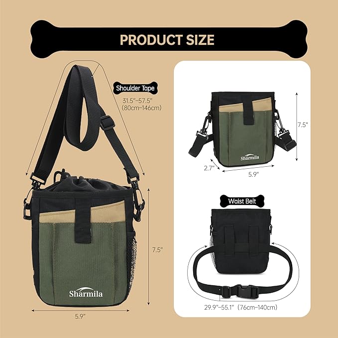 Sharmila Dog Treat Pouch - Large Capacity Storage & Multi-Pocket Design, Waterproof Training Treat Pouch Constructed from High-Density Oxford Fabric for Pet Training, Dog Walking, Hiking (Green)