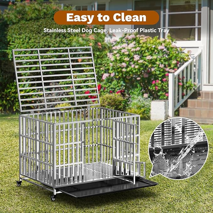 48" Heavy Duty Dog Crates for Large Dogs, Upgraded 4 Lockable Wheels, Stainless Steel Kennel Dog Kennel Indoor, Max Load 300Lbs, Easy to Clean, Escape Proof, XL Dog Cage for High Anxiety Dogs