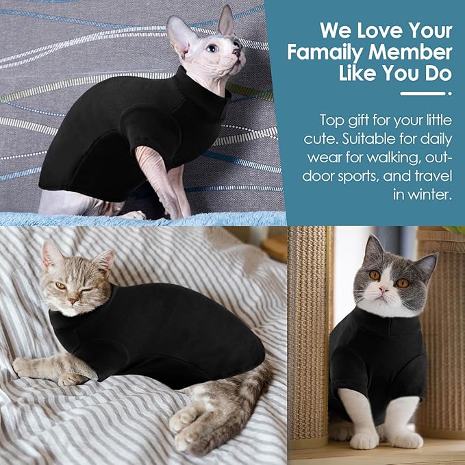 SUNFURA Turtleneck Sweater for Cat, Sphynx Cats Shirt Hairless Cat Sweaters with Sleeves, Warm and Soft Kitten Pullover Fleece Winter Pajamas Jumpsuit for Puppy Cats, Black L