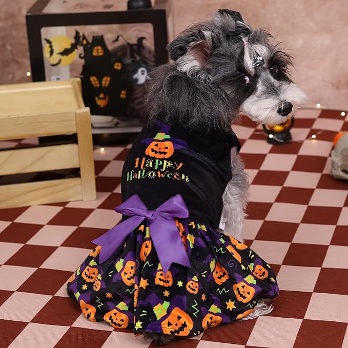 CuteBone Halloween Dog Dresses Velvet Holiday Small Dogs Clothes Onesie Pet Apparel Girl Puppy Skirt with Bow Hair Rope CVA41L-D