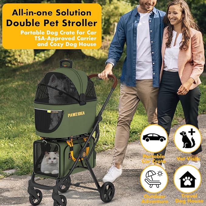 PAWZIDEA Double Pet Stroller with 2 Detachable Carriers, Portable Dog Crate for Car Travel & TSA-Approved Expandable Cat Carrier, Foldable Lightweight Jogger Stroller for 2–4 Cats or Small/Medium Dogs