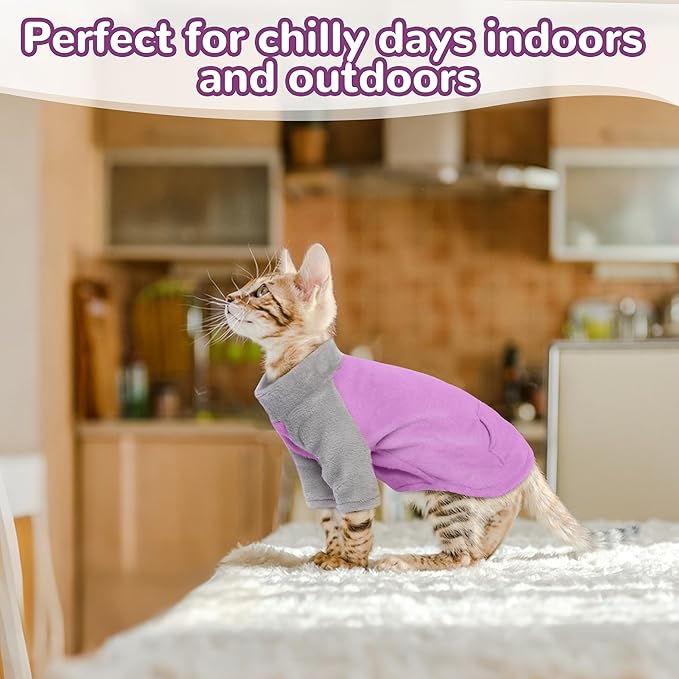 PUMYPOREITY Turtleneck Sweater for Sphynx Cat, Soft Coral Fleece Cat Clothes, Thick Winter Warm Outfit Coat with Sleeves, XS, Purple