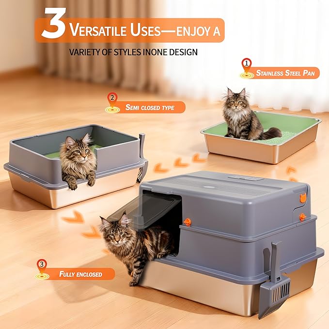 Enclosed XXXL Stainless Steel Litter Box, 28" L x 20" W x 17" H, Side Entry Extra Large Metal Cat Litter Box with Lid for Big & Multiple Cats, Removable Enclosure, Anti-Leakage,Easy to Clean