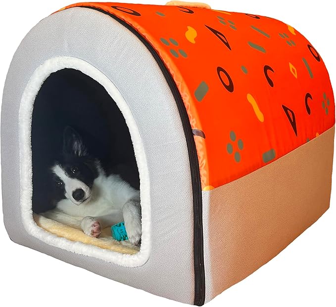 Dog Bed,2 Ways to Use,Indoor Pet House with Fluffy Mat,Removable and Washable Cover,Splash-Proof House and Non-Slip Bottom,for Extra Large Dogs(3XL Orange & Gray)