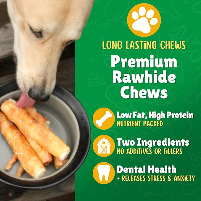 Chicken Wrapped Rawhide Dog Treats for Medium Dogs – 32ct. Rawhide Chew Sticks – Limited Ingredient Long Lasting Chews Made in The USA with Natural Chicken and Beef Hide Twists