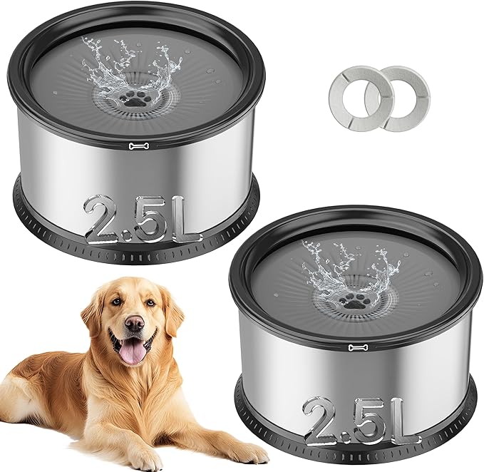 2PCS 2.5L No Spill Dog Water Bowl 84oz Stainless Steel Slow Water Bowls for Small Medium Dogs Splash Proof Pet Bowl with Anti-Slip Mat for Sloppy Messy Drinkers and Cats