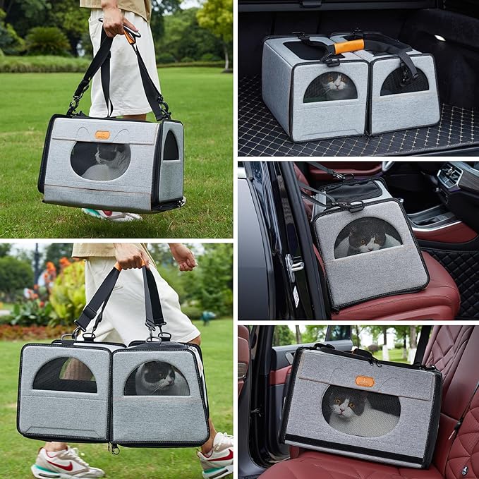 IC ICREATE.X Large Cat Carrier with Litter Box for Car Travel, Pet Carrier Bag 2-in-1，Double Cat Travel Transport Carrier for Long Distance, Collapsible Dog Crate, Cat Bag for Kitten 2 Cats