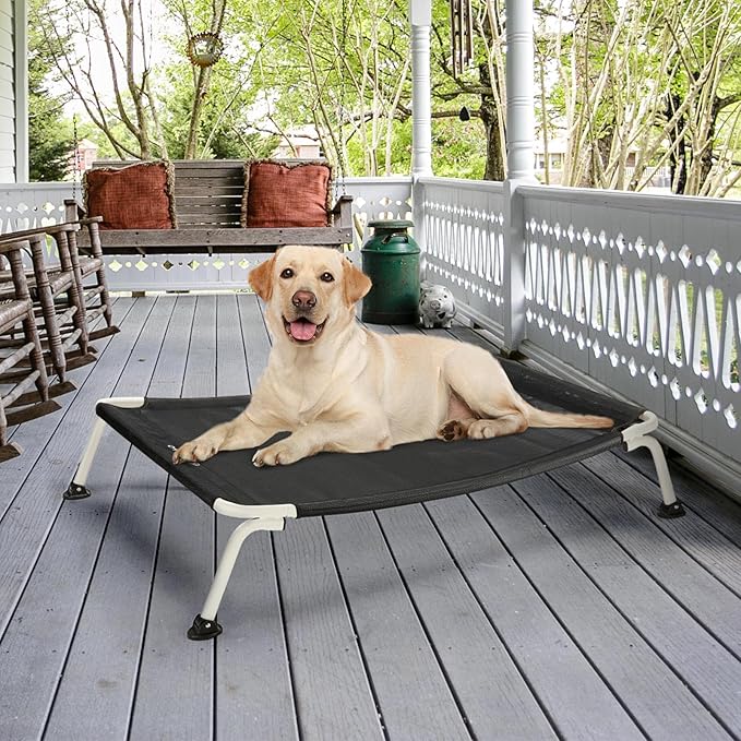 Veehoo Elevated Dog Bed for Outdoor, Cooling Waterproof Raised Dog Cots Beds for Large Dogs, Curved Off Ground Pet Hammock Cot Lifted for Outside, up to 85lbs, White Legs, Black 42"