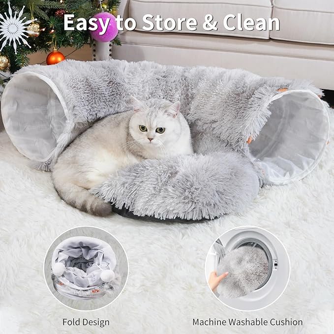 Cat Tunnels for Indoor Cats, Cat Tunnel Bed with Washable Cushion, Collapsible Cat Donut Tunnel for Medium & Large Cat, Peekaboo Cave Toy, Tie-dye Gray