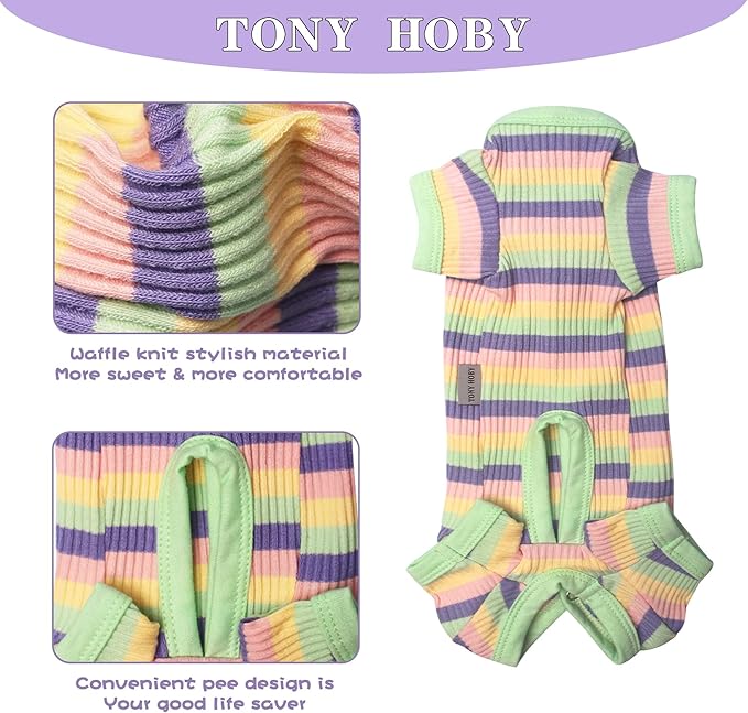 TONY HOBY Dog Pajamas, Male Dogs Pajama Clothes with Rainbow Stripe, Dog 4 Legged Jumpsuit Knit Clothes for Small Medium Size Dogs (Green&Yellow, Boy, M)