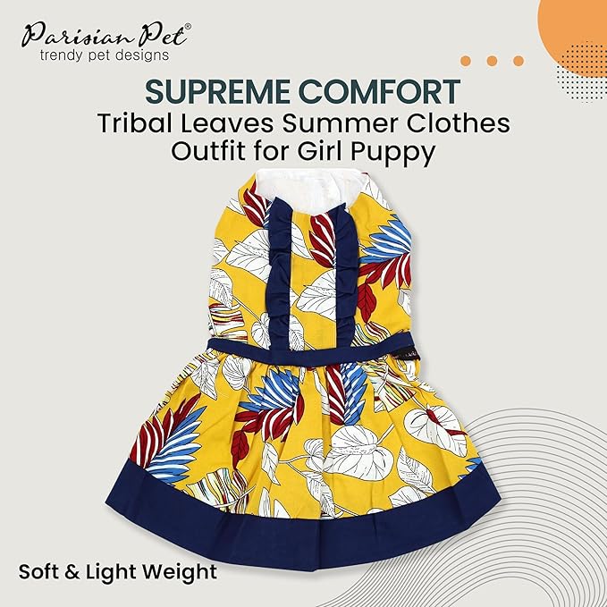 Parisian Pet Tribal Leaves Summer Dress - Magic Strap Closure Dog Beach Outfit - Lightweight and Breathable Dress for Small Dogs Girl XS