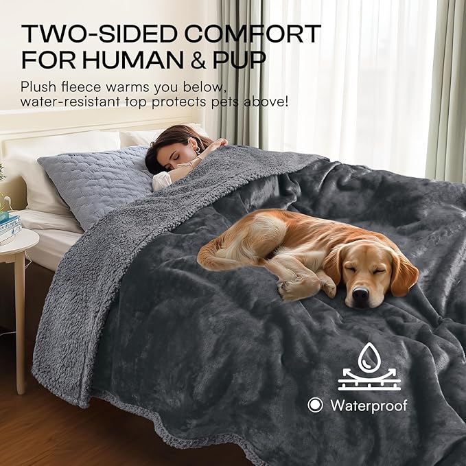Waterproof Pet Blanket, Liquid Pee Proof Dog Blanket for Sofa Bed Couch, Reversible Sherpa Fleece Furniture Protector Cover for Small Medium Large Dogs Cats, Dark Gray Small（40" x 28"）