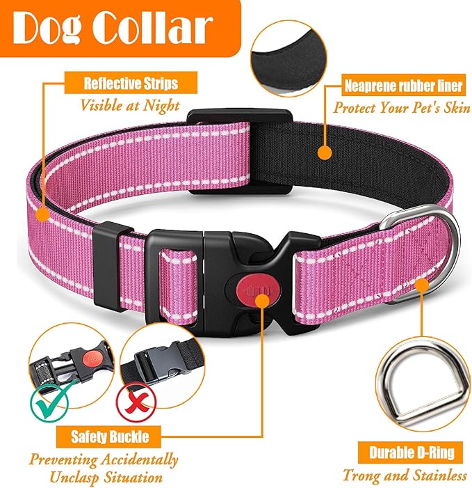 No Pull Dog Harness, Collar & Leash Set | Includes Dog Seat Belt, Collapsible Bowls & Poop Bag Dispenser. Ideal for Training, Walking, Hiking. Fits Small to Large Dogs(Pink-XL)