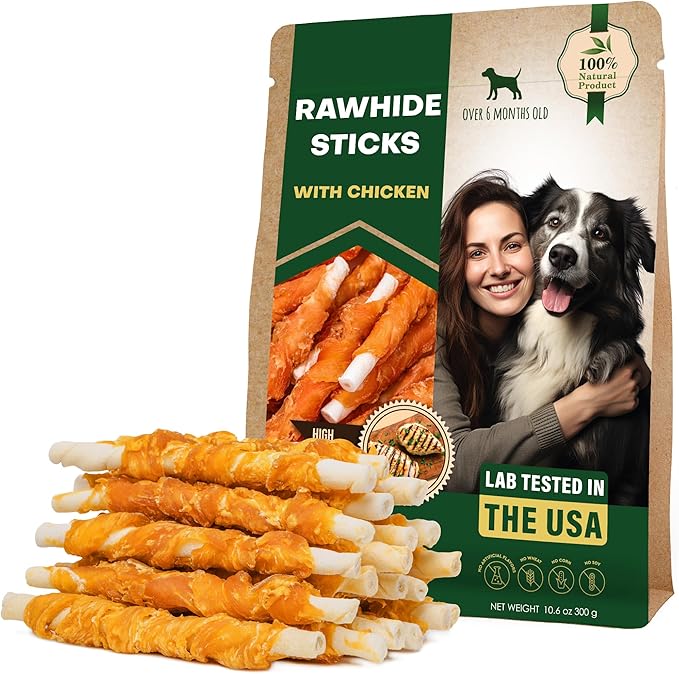 Dog Treats Rawhide Sticks 11 oz Wrapped with Chicken Pet Natural Chew Treats - Grain Free Meat & Human Grade Dried Snacks - Best for Small & Large Dogs (10.6 Ounce (Pack of 1), Rawhide Sticks)
