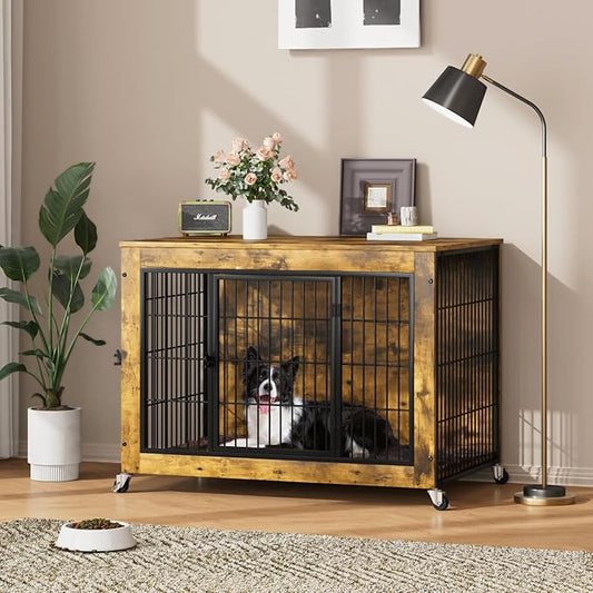 Dog Crate Furniture with Cushion,38" Wooden Dog Crate nightstand with Double Doors, Brown Kennel Indoor with Wheels, Decorative Pet House for Small Medium