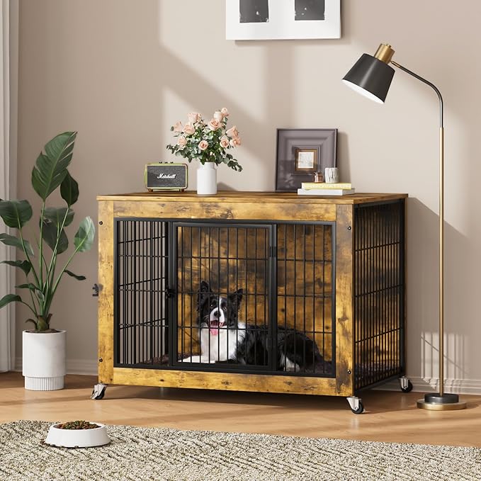 Dog Crate Furniture with Cushion,38" Wooden Dog Crate nightstand with Double Doors, Brown Kennel Indoor with Wheels, Decorative Pet House for Small Medium