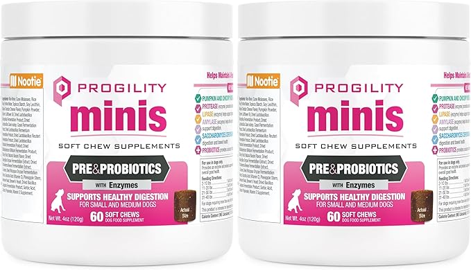 Nootie Progility Mini Pre & Probiotic Supplement, Digestive Aid Supplement for Dogs, 60 Soft Chews per Container (Pack of 2)