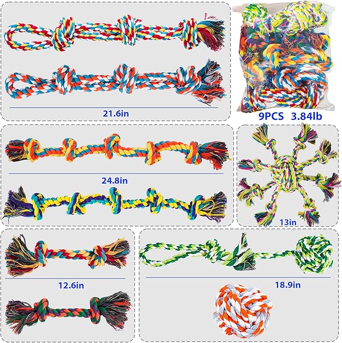 Dog Rope Toys for Large/Medium Dogs, Nearly Indestructible Dog Toys Set With Eight Legs Ball for Aggressive Chewers,Full of Attractiveness, Heavy Duty Natural Cotton Rope Chew toy, Tug Toy 9 Pack