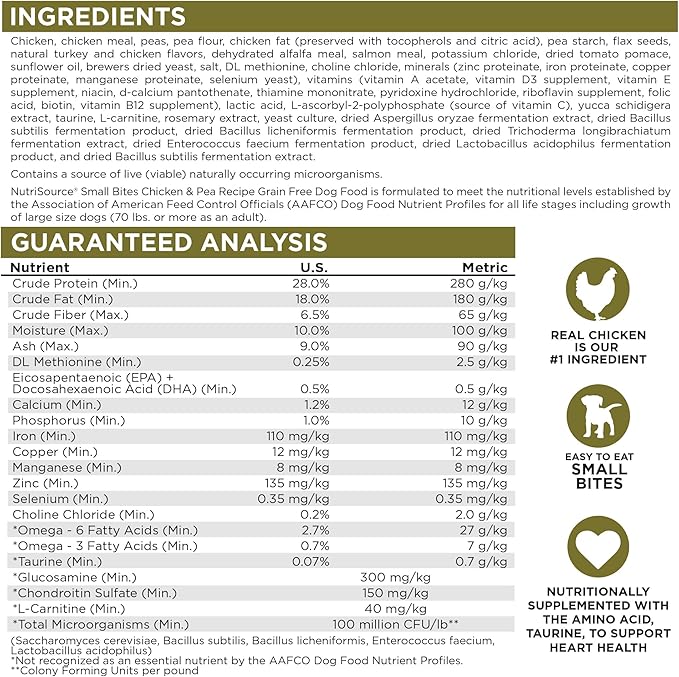 NutriSource Grain Free Dry Dog Food, Small Bites, Chicken and Peas, 12LB