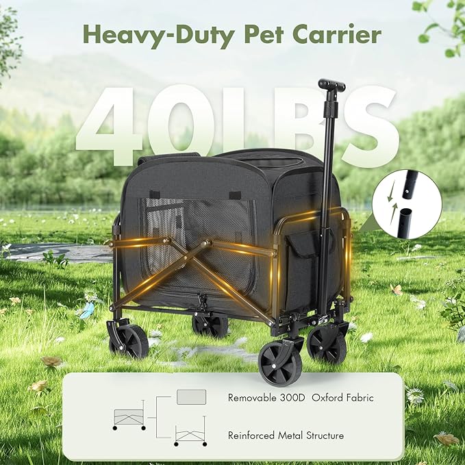 Lekereise Extra Large Pet Carrier with Wheels – Soft-Sided Foldable Rolling Cat Carriers for 2 Small Cats or Medium Large Dog Under 30lbs, Stable & Ventilated Travel Crate for Camping Outdoor, Black