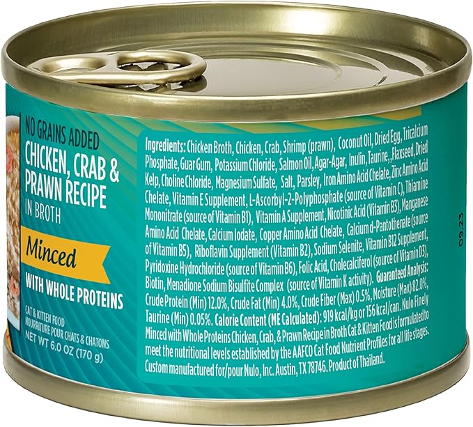 Nulo Minced with Whole Proteins Wet Canned Cat Food, Chicken, Crab, and Prawn in Broth, 6.0 Ounce, 8 Cans